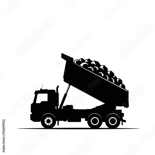 Silhouette of a loaded dump truck, side view, against a white background.