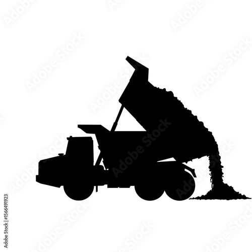 Silhouette of a dump truck actively unloading a large pile of material.