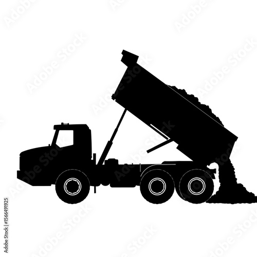 A black silhouette of a dump truck unloading a load of material.