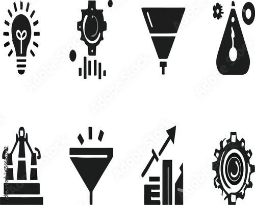 A collection of fifteen black and white icons representing various concepts and abstract ideas