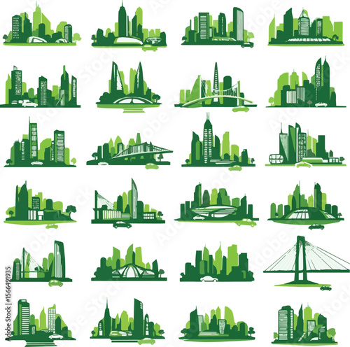 Create a kinds of deferent building, city, icon, vector, silhouette, skyline, illustration, factory, arch vector art with white background.