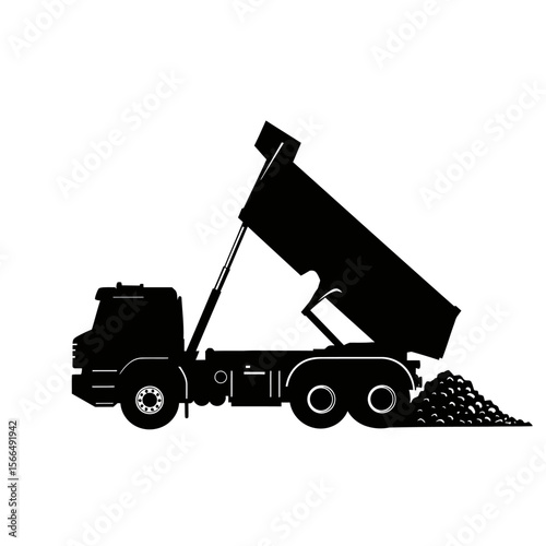 A black silhouette of a dump truck unloading gravel.
