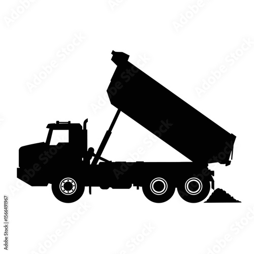 A black silhouette of a dump truck unloading its cargo.