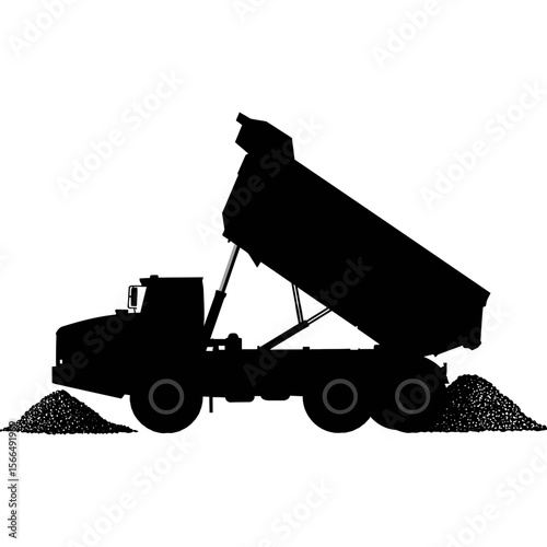 A black silhouette of a dump truck unloading gravel.