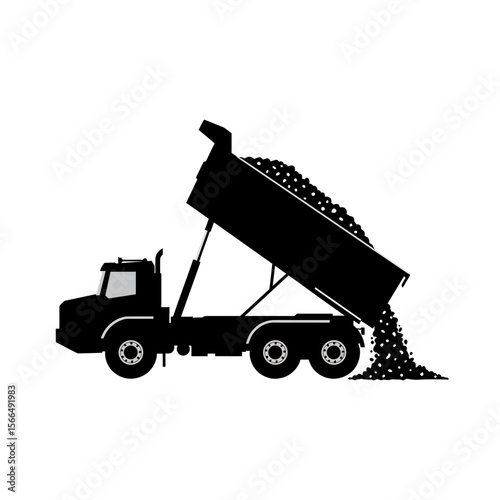 Black silhouette of a dump truck unloading gravel or rocks, with the truck bed raised.