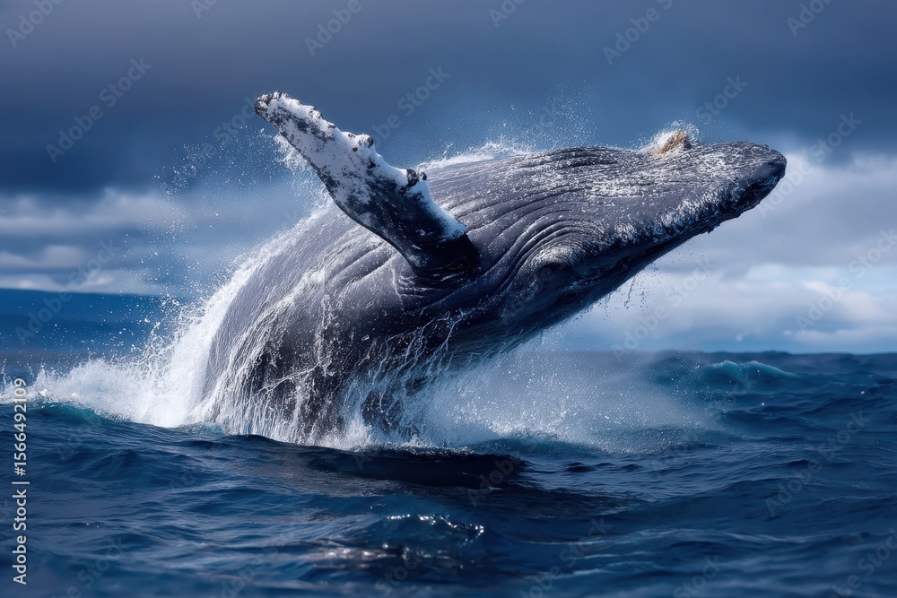 Fototapeta premium Humpback whale breaches the ocean surface in dramatic display off the coast