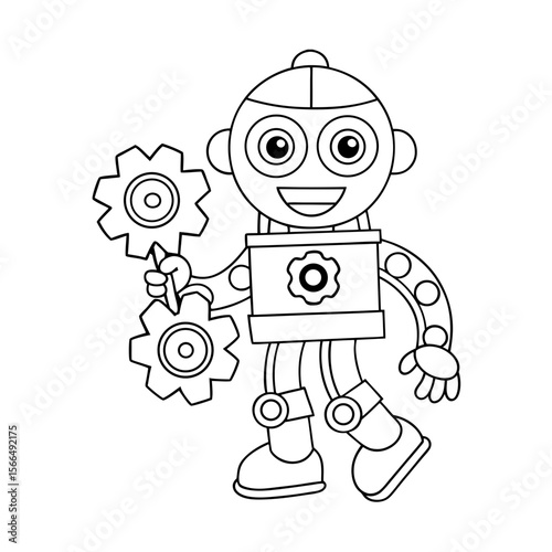 Cheerful Robot Holding a Flower with Gears and Stars Coloring Page
