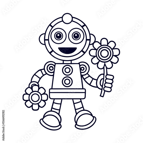 Cheerful Robot Holding a Flower with Gears and Stars Coloring Page