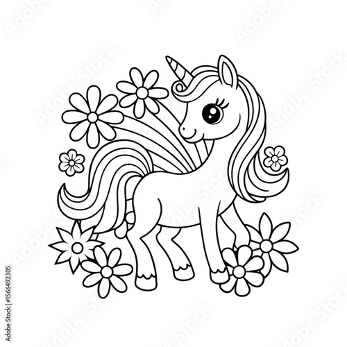 Cheerful Unicorn Standing in a Field of Flowers Coloring Page