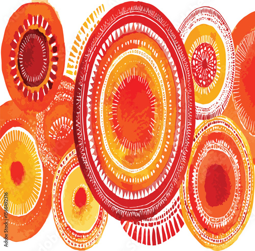 Watercolor circles in shades of red orange and yellow with white line patterns on a white background