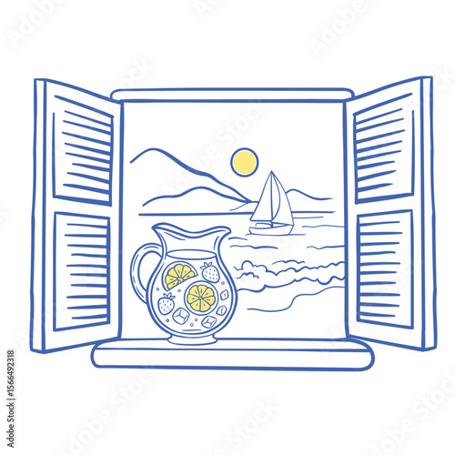 Hand-drawn vector illustration of an open window with a lemon jug, sea waves, sailboat and sunset. Summer coastal decor, Italian vacation and citrus-inspired lifestyle