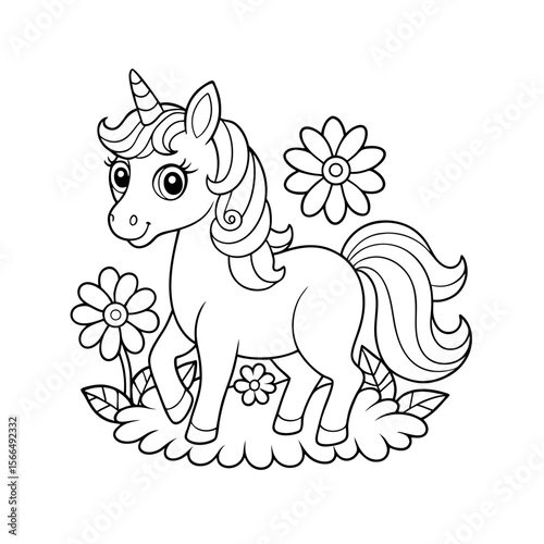 Cheerful Unicorn Standing in a Meadow Surrounded by Flowers Coloring Page
