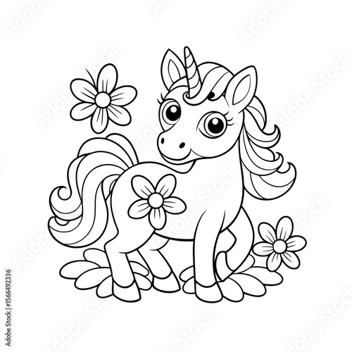 Cheerful Unicorn Standing in a Meadow Surrounded by Flowers Coloring Page