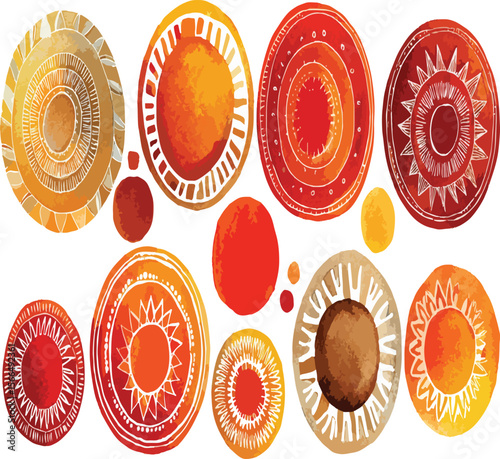 Watercolor circles with tribal patterns in shades of orange and red on a white background art