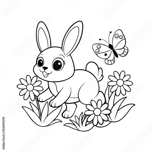 Cute Baby Bunny Hopping Through a Meadow with Flowers Coloring Page