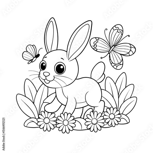 Cute Baby Bunny Hopping Through a Meadow with Flowers Coloring Page