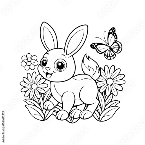Cute Baby Bunny Hopping Through a Meadow with Flowers Coloring Page
