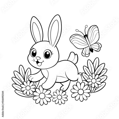 Cute Baby Bunny Hopping Through a Meadow with Flowers Coloring Page
