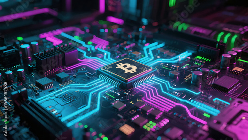 Futuristic Bitcoin processor integrated into a glowing neon circuit board with vibrant blue and pink pathways, symbolizing cryptocurrency, blockchain technology, and digital innovation.