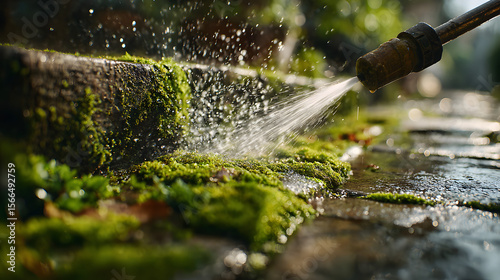 Removing moss from sidewalk slabs using a water jet from a pressure washer