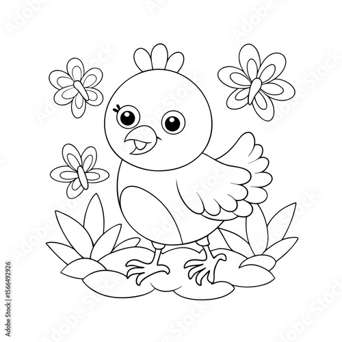 Cute Baby Chick Hopping in a Spring Meadow with Flowers Coloring Page