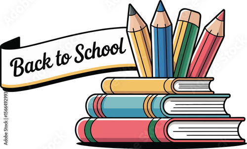 Back to school banner with pencils on books stacked against a light blue colored background art style