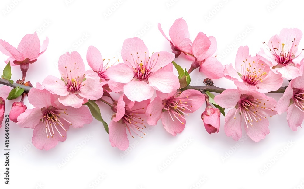 Pink cherry blossom flowers on a branch against white background Pink cherry blossom flowers on a branch against white background