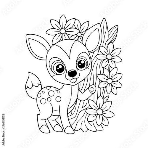 Cute Baby Deer Peeking from Behind a Tree with Flowers Coloring Page