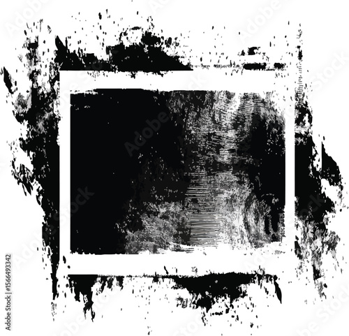 Abstract black paint rectangle frame with brush strokes and splatters on a white background