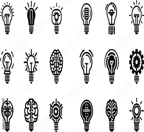 A collection of lightbulb and brain icons representing ideas and innovation on a white background