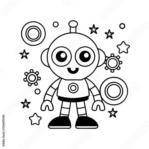 Cute Robot with Big Eyes and Antennas Standing in a Field Coloring Page
