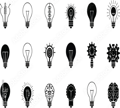 Collection of light bulb icons featuring various designs and concepts on a light background