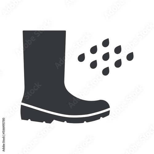Isolated pictogram of waterproof boots with raindrops, symbolizing foot protection during rainy season, safety footwear for wet and harsh conditions.