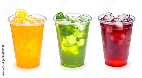 Three refreshing iced drinks: orange, green mint, and red berry in plastic cups