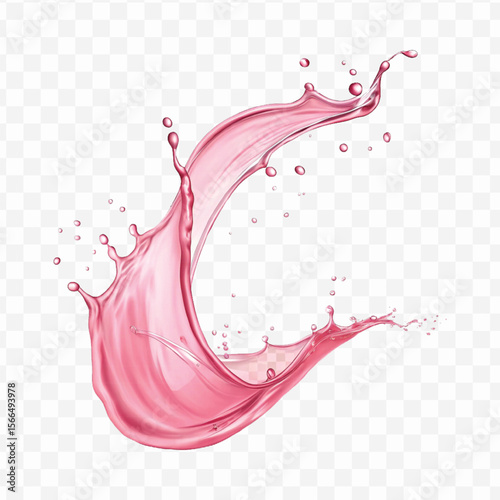 realistic 3d  smooth liquid pink water splash in curve style isolated on transparent background