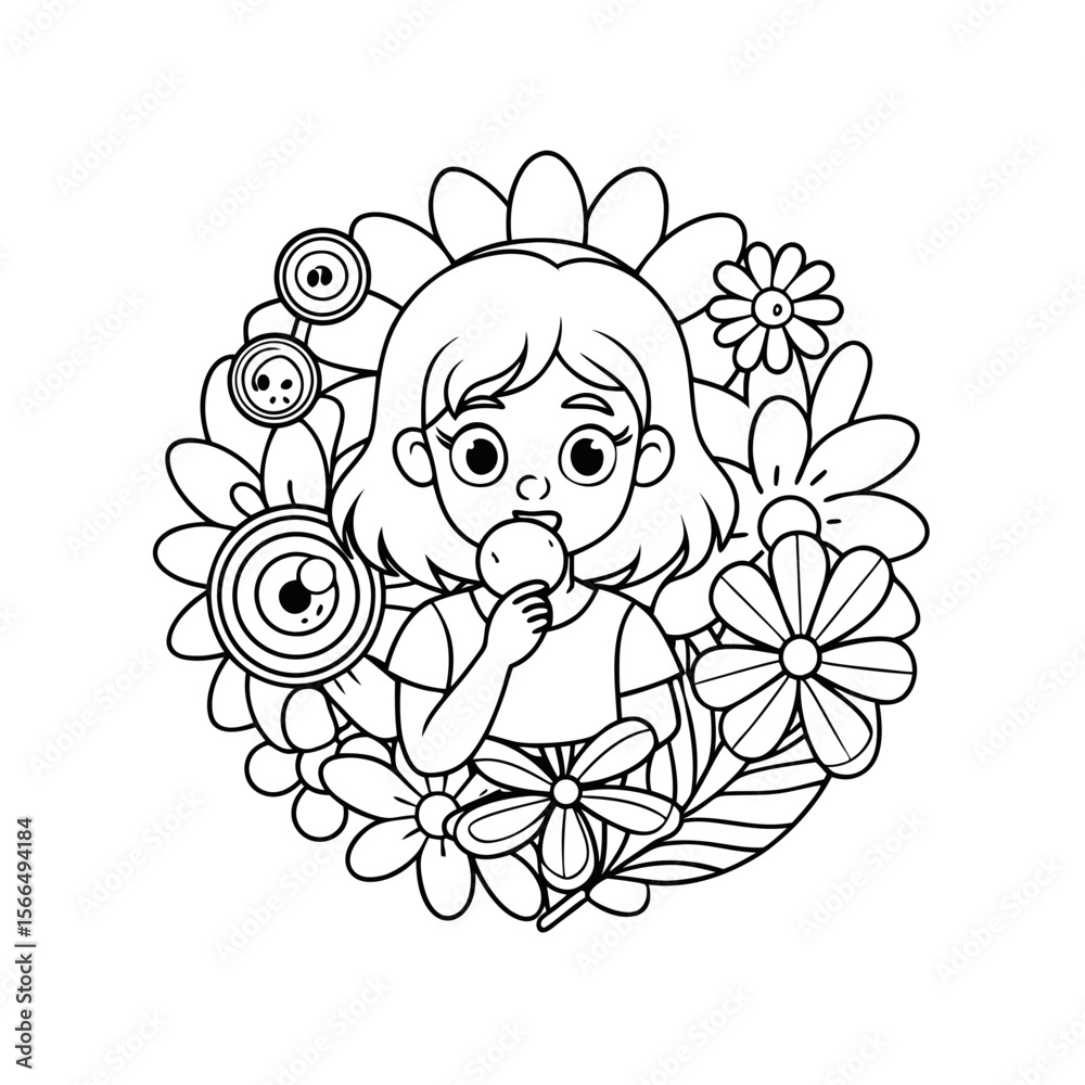 Fototapeta premium Girl Blowing Bubbles Surrounded by Butterflies Coloring Page