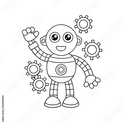 Friendly Robot Waving with Stars and Gears Floating Around Coloring Page