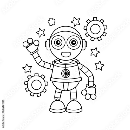 Friendly Robot Waving with Stars and Gears Floating Around Coloring Page