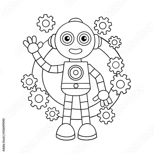 Friendly Robot Waving Hello with Gears and Stars Coloring Page