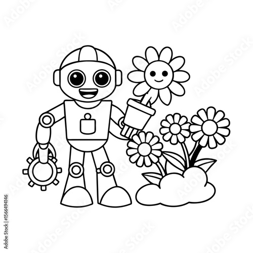 Friendly Robot Watering Flowers in a Garden Coloring Page