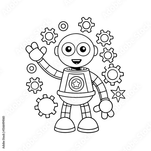 Friendly Robot Waving with Stars and Gears Floating Around Coloring Page