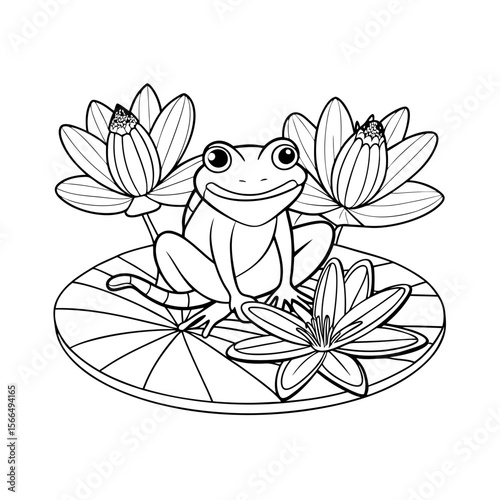 Frog Sitting on a Lily Pad with Dragonflies and Flowers Coloring Page