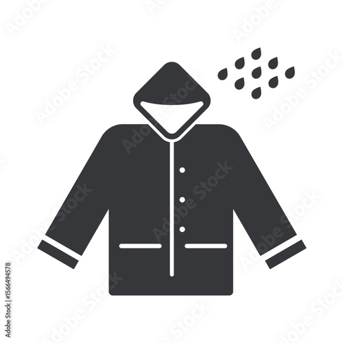 Isolated pictogram of a waterproof raincoat with raindrops, symbolizing protection during rainy season and safety from wet weather conditions.