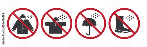 Isolated prohibition sign indicating no entry with wet boots, umbrellas, or raincoats, to maintain indoor cleanliness and prevent slipping hazards.