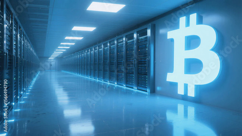 Modern cryptocurrency mining data center with glowing Bitcoin symbol, showcasing advanced server racks and futuristic technology in a clean, illuminated environment.