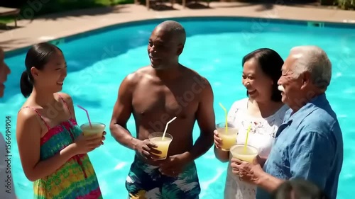 Group of friends enjoying tropical drinks by a swimming pool on a sunny day, laughter and joy abound