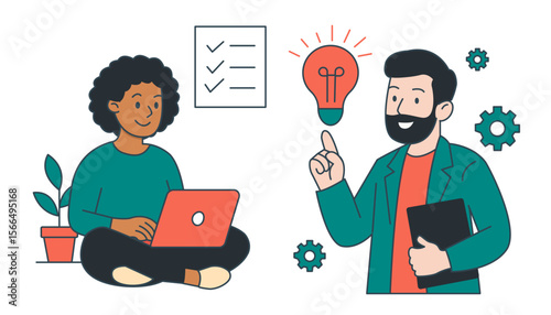 Set of flat vectors with two creative professionals working together on the white background. Digital art