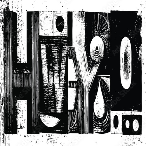 A black and white woodcut print featuring a dense arrangement of various letterforms and typography