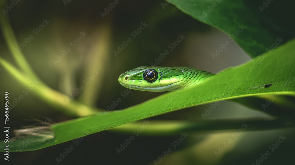 Fototapeta premium A green snake is sitting on a green leaf