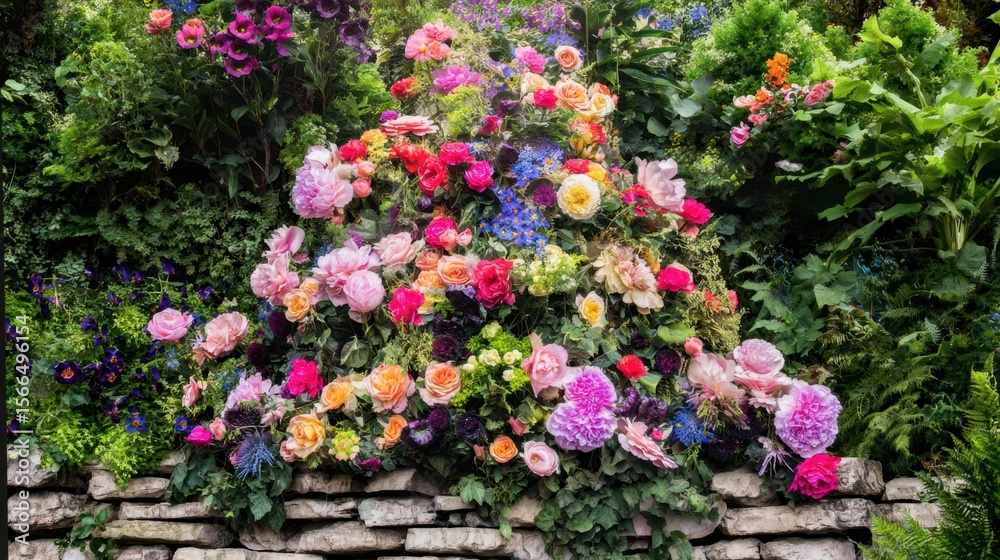 Naklejka premium A stone wall covered in lots of colorful flowers